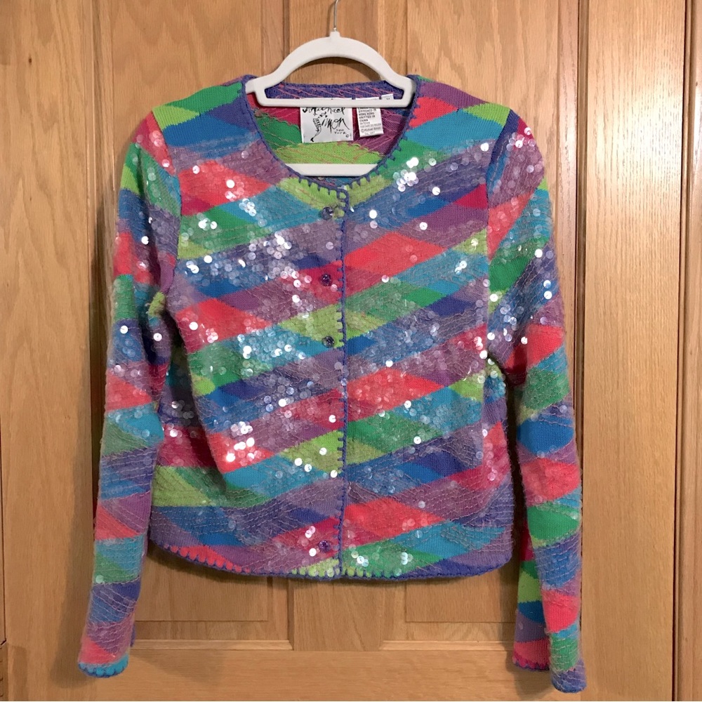 Vintage 90s Michael Simon New York rainbow color cardigan with clear sequins